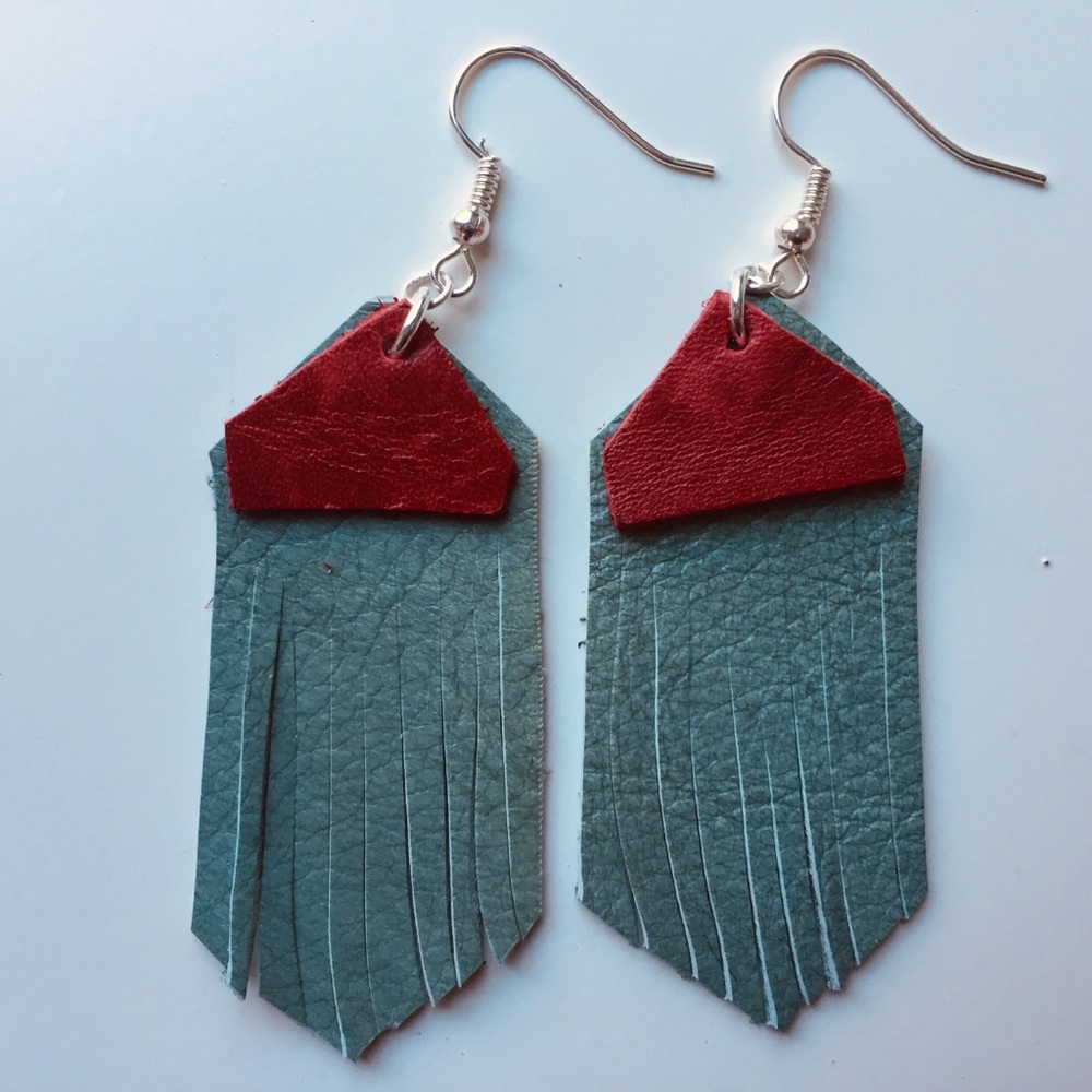 Boho Soft Teal fringe w red accent earrings